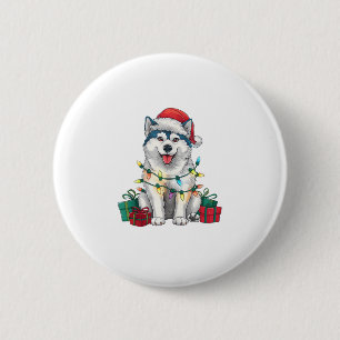 Xmas Lighting Santa Hat Malamute Dog Christmas  6 Cm Round Badge
