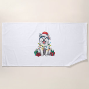 Xmas Lighting Santa Hat Malamute Dog Christmas Beach Towel