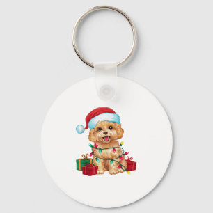 Xmas Lighting Santa Hat Maltipoo Dog Christmas  Key Ring