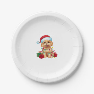 Xmas Lighting Santa Hat Maltipoo Dog Christmas Paper Plate