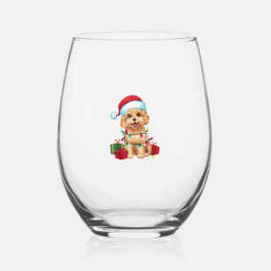 Xmas Lighting Santa Hat Maltipoo Dog Christmas  Stemless Wine Glass