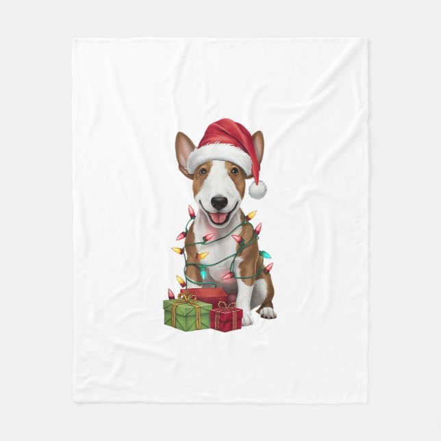 Xmas Lighting Santa Hat Miniature Bull Terrier Dog Fleece Blanket (Front)