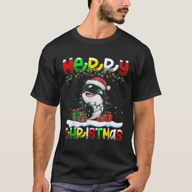 Xmas Lighting Santa Hat Orca Merry Christmas  T-Shirt (Front)