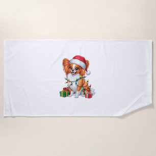 Xmas Lighting Santa Hat Papillon Dog Christmas _1 Beach Towel