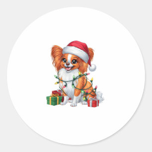 Xmas Lighting Santa Hat Papillon Dog Christmas _1 Classic Round Sticker