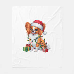 Xmas Lighting Santa Hat Papillon Dog Christmas _1 Fleece Blanket