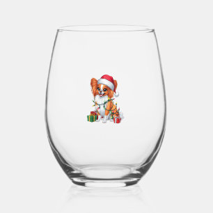 Xmas Lighting Santa Hat Papillon Dog Christmas _1 Stemless Wine Glass