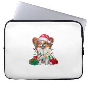 Xmas Lighting Santa Hat Papillon Dog Christmas Laptop Sleeve