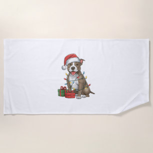 Xmas Lighting Santa Hat Pitbull Terrier Dog Christ Beach Towel