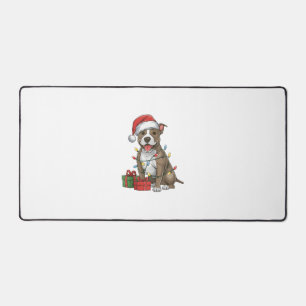 Xmas Lighting Santa Hat Pitbull Terrier Dog Christ Desk Mat