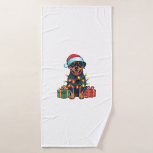 Xmas Lighting Santa Hat Rottweiler Dog Christmas Bath Towel