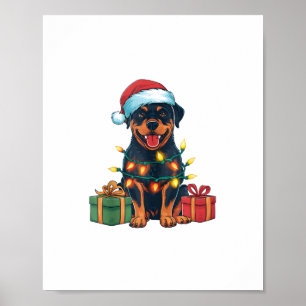 Xmas Lighting Santa Hat Rottweiler Dog Christmas Poster