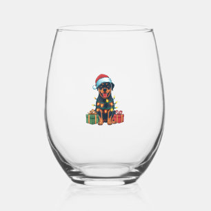 Xmas Lighting Santa Hat Rottweiler Dog Christmas Stemless Wine Glass