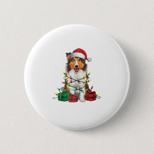 Xmas Lighting Santa Hat Rough Collie Dog Christmas 6 Cm Round Badge
