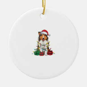 Xmas Lighting Santa Hat Rough Collie Dog Christmas Ceramic Ornament