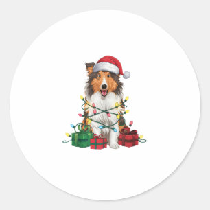 Xmas Lighting Santa Hat Rough Collie Dog Christmas Classic Round Sticker