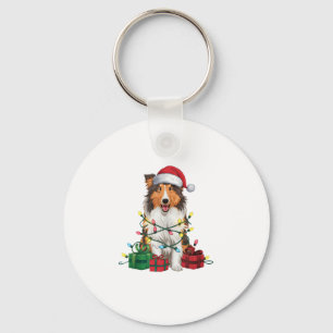 Xmas Lighting Santa Hat Rough Collie Dog Christmas Key Ring
