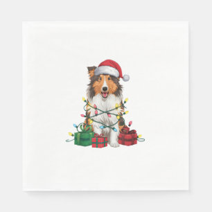 Xmas Lighting Santa Hat Rough Collie Dog Christmas Napkin