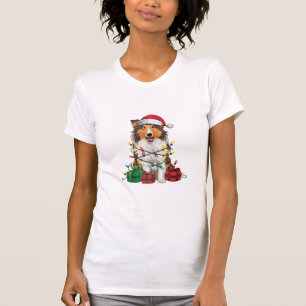 Xmas Lighting Santa Hat Rough Collie Dog Christmas T-Shirt