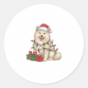 Xmas Lighting Santa Hat Samoyed Dog Christmas  Classic Round Sticker