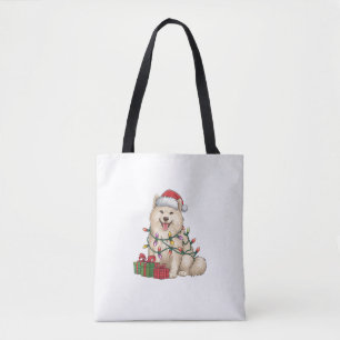 Xmas Lighting Santa Hat Samoyed Dog Christmas Tote Bag