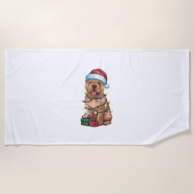 Xmas Lighting Santa Hat Shar Pei Dog Christmas  Beach Towel (Front)