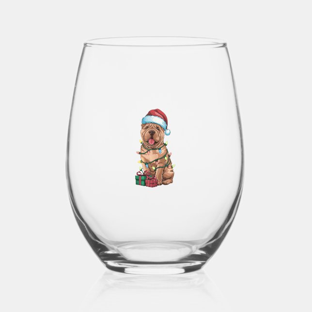 Xmas Lighting Santa Hat Shar Pei Dog Christmas  Stemless Wine Glass (Front)