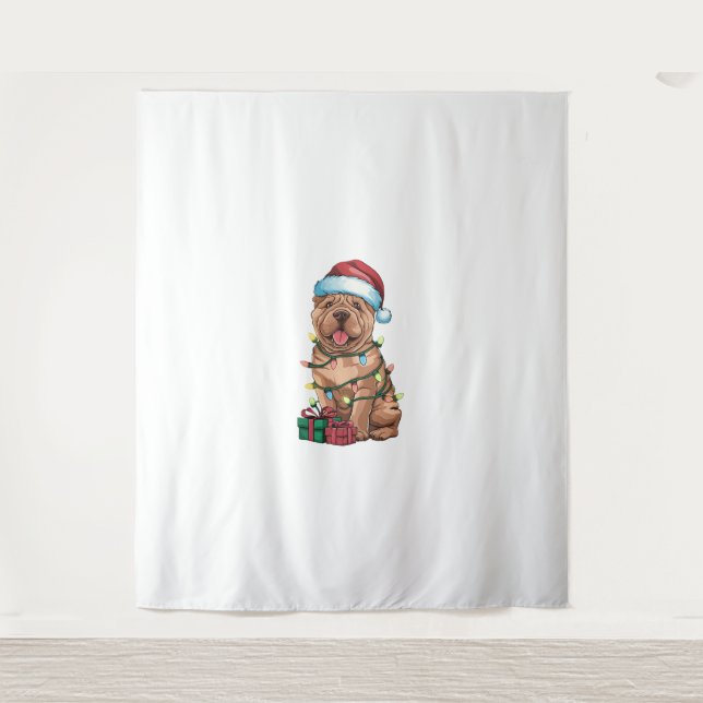 Xmas Lighting Santa Hat Shar Pei Dog Christmas  Tapestry (Front)