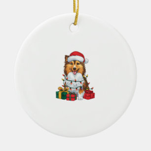 Xmas Lighting Santa Hat Sheltie Dog Christmas Ceramic Ornament