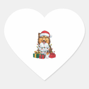 Xmas Lighting Santa Hat Sheltie Dog Christmas  Heart Sticker