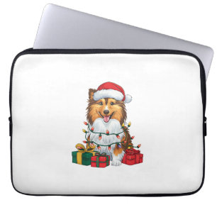 Xmas Lighting Santa Hat Sheltie Dog Christmas Laptop Sleeve