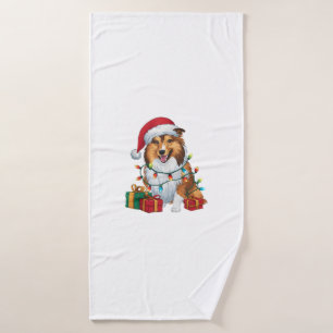 Xmas Lighting Santa Hat Shetland Sheepdog Christma Bath Towel