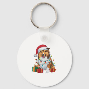 Xmas Lighting Santa Hat Shetland Sheepdog Christma Key Ring