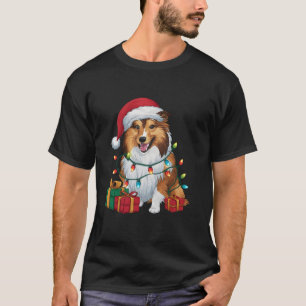 Xmas Lighting Santa Hat Shetland Sheepdog Christma T-Shirt