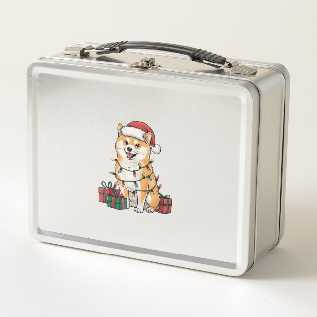 Xmas Lighting Santa Hat Shiba Inu Dog Christmas  Metal Lunch Box (Front)