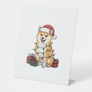 Xmas Lighting Santa Hat Shiba Inu Dog Christmas Pedestal Sign