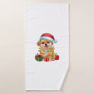Xmas Lighting Santa Hat Shih Poo Dog Christmas Bath Towel