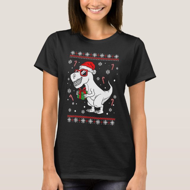 Xmas Lighting Santa Hat Ugly Rex Dinosaurs Christm T-Shirt (Front)