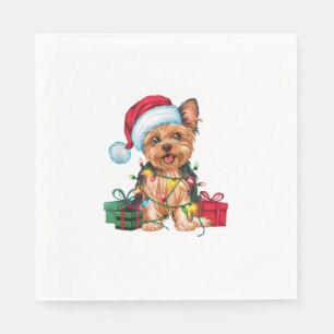 Xmas Lighting Santa Hat Yorkie Dog Christmas _1 Napkin