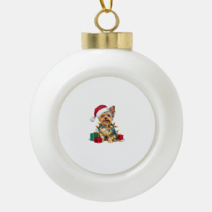Xmas Lighting Santa Hat Yorkie Dog Christmas Ceramic Ball Christmas Ornament
