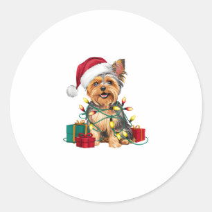 Xmas Lighting Santa Hat Yorkie Dog Christmas Classic Round Sticker
