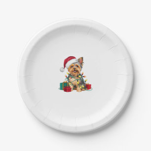 Xmas Lighting Santa Hat Yorkie Dog Christmas Paper Plate