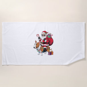 Xmas Lighting Santa Riding Bull Terrier Dog Christ Beach Towel