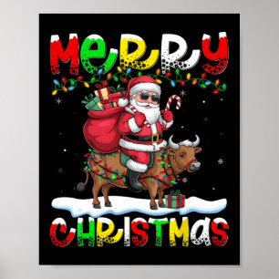 Xmas Lighting Santa Riding Cow Merry Christmas  Poster
