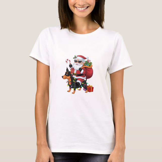 Xmas Lighting Santa Riding Miniature Pinscher Dog  T-Shirt (Front)