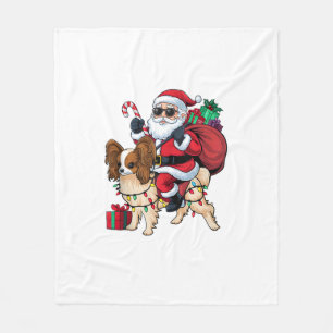 Xmas Lighting Santa Riding Papillon Dog Christmas Fleece Blanket