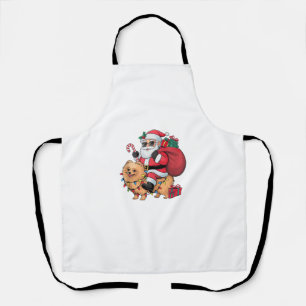 Xmas Lighting Santa Riding Pomeranian Dog Christma Apron