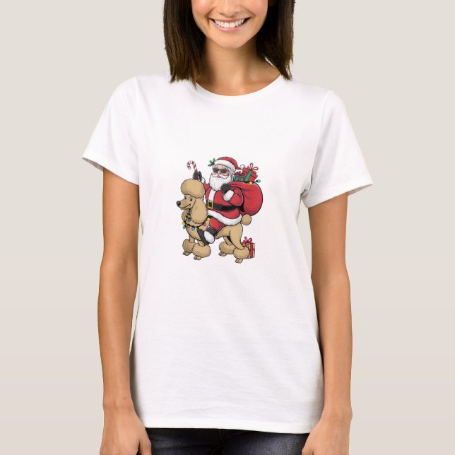 Xmas Lighting Santa Riding Poodle Dog Christmas  T-Shirt (Front)