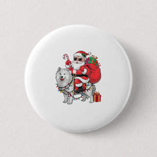 Xmas Lighting Santa Riding Samoyed Dog Christmas 6 Cm Round Badge