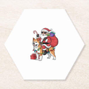 Xmas Lighting Santa Riding Shiba Inu Dog Christmas Paper Coaster